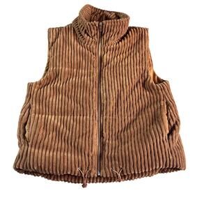 Staccato Womens sz Small Tan/Brown Sleeveless Zip Vest Puffy Corduroy Pockets